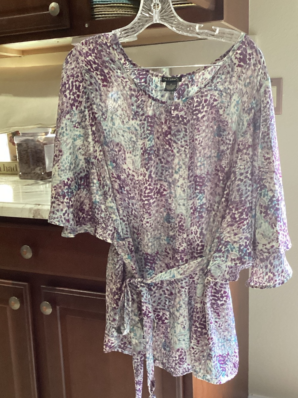 Nue Options Purple and Aqua Patterned Long Sleeve Belted Dress